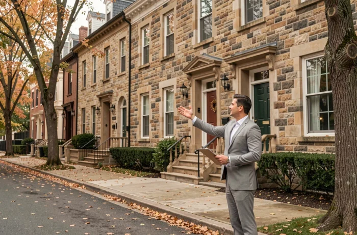Agent immobilier présentant une maison en pierre à vendre dans une rue résidentielle arborée