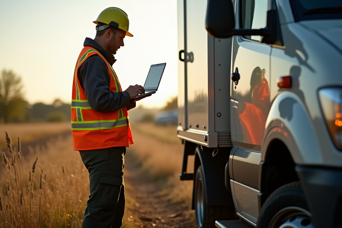 Agent public vérifiant des données avec un ordinateur portable en milieu rural