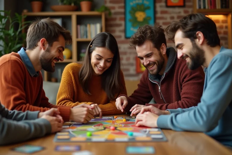 Groupe d'amis jouant à un jeu de société dans un salon chaleureux