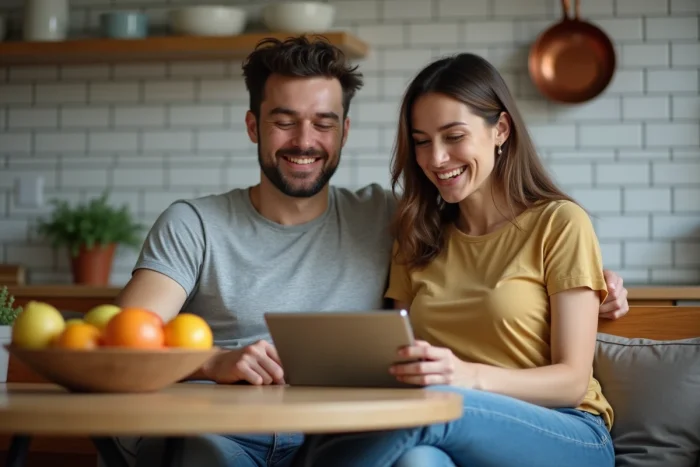 Deux amis regardant une série ensemble sur une tablette dans une cuisine moderne