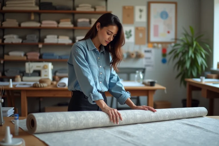 Femme examinant un tissu dans un atelier organisé