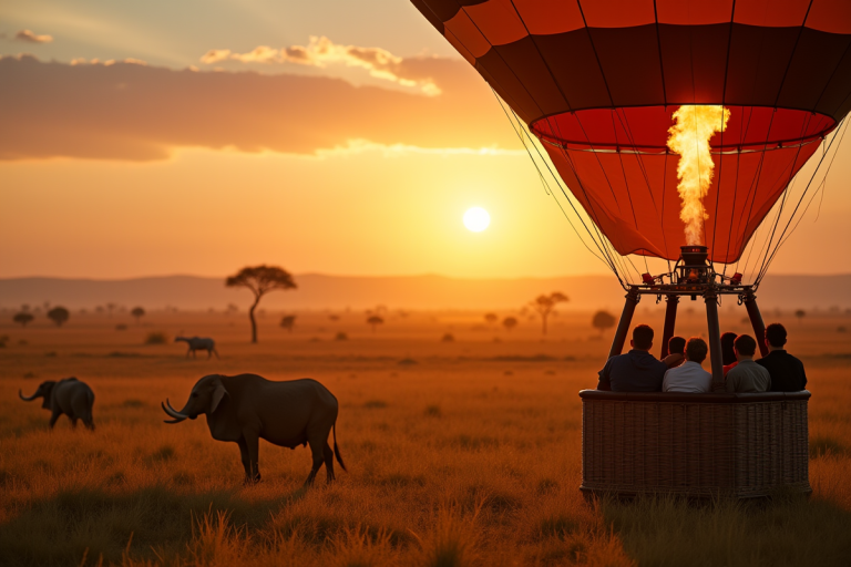 Montgolfière sur la savane au lever du soleil avec touristes