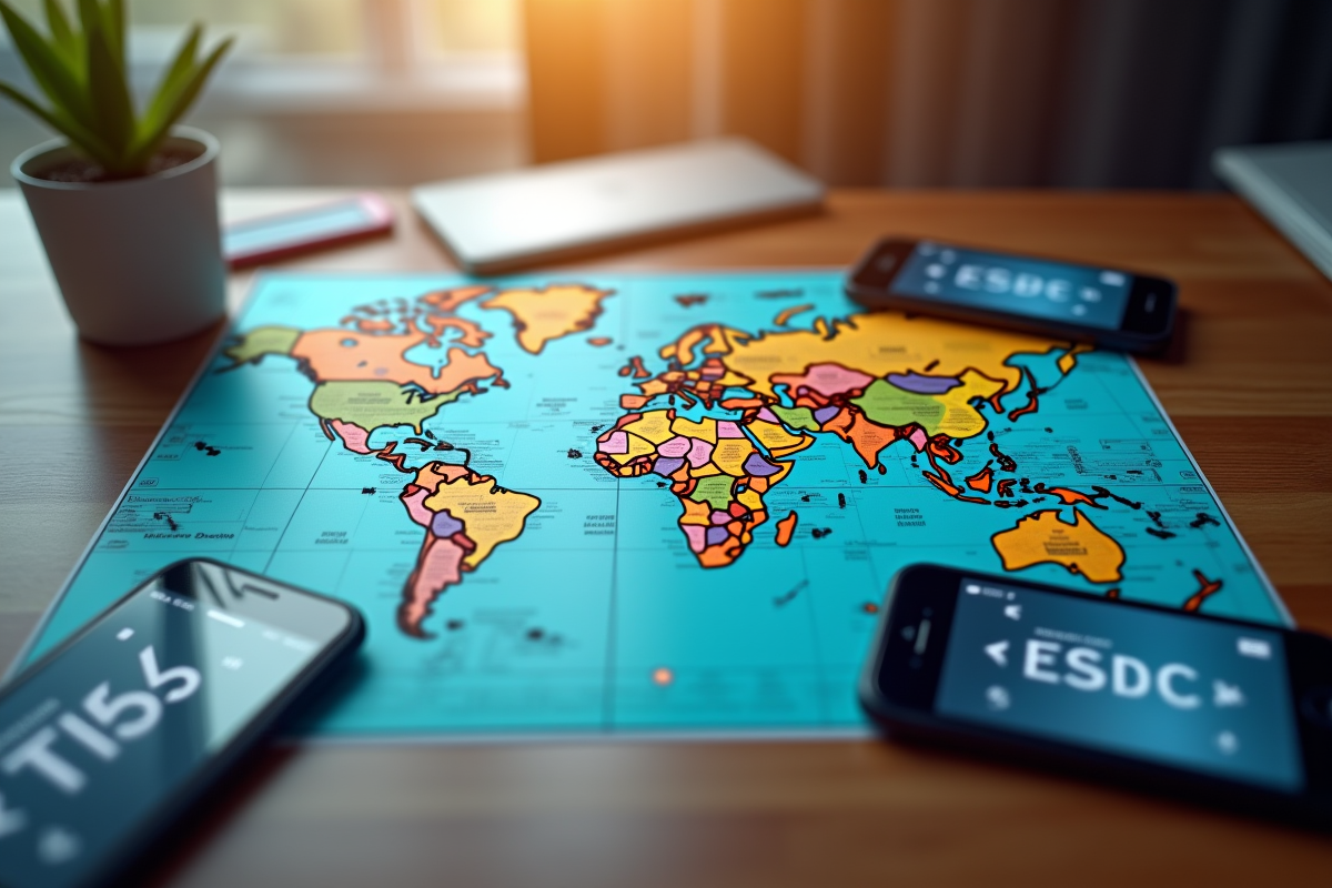 Carte du monde avec plusieurs téléphones affichant des indicatifs