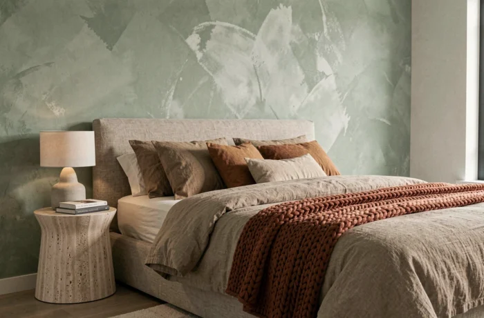 Chambre contemporaine aux tendances déco actuelles avec linge de lit en lin tons terre, table de chevet en travertin et mur en chaux vert sauge