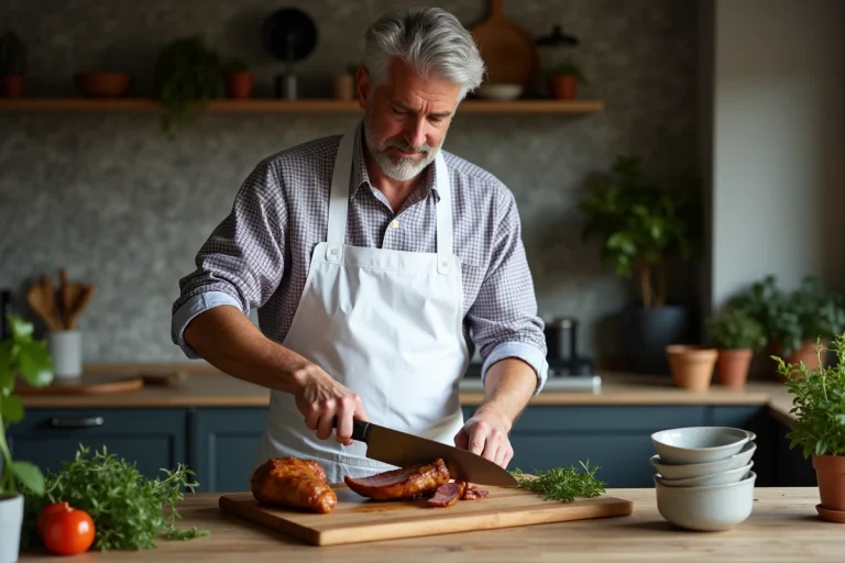 Chef français tranche un épaule d'agneau dorée dans une cuisine chaleureuse