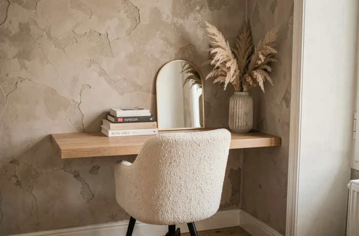 Coin bureau style parisien tendance avec chaise bouclé ivoire, bureau en chêne flottant, miroir arche et arrangement de pampa séché sur fond de mur en plâtre brut