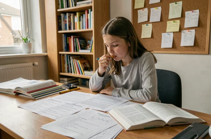 Collégienne étudiant des exercices de classe grammaticale en PDF sur son bureau à la maison avec des livres de français ouverts