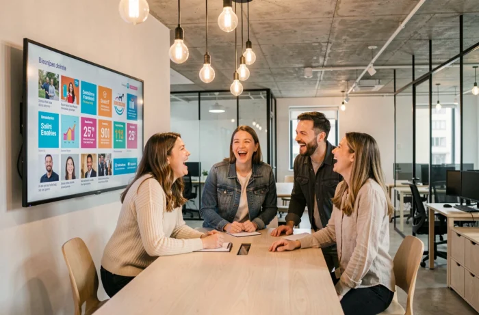 Groupe de collègues réagissant avec enthousiasme à des actualités insolites affichées sur un écran dans un espace de coworking moderne