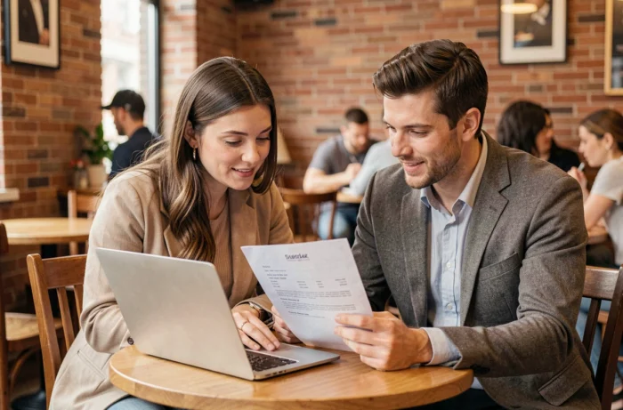 Deux jeunes professionnels consultant ensemble des offres d'emploi locales et un CV dans un café