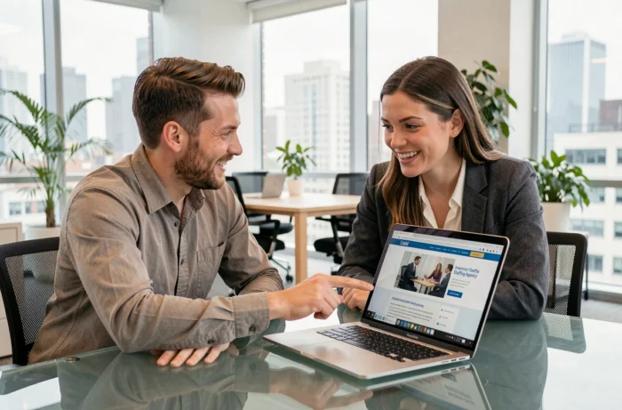 Deux collègues collaborant pour trouver des missions d'intérim en ligne sur un ordinateur portable dans un bureau moderne