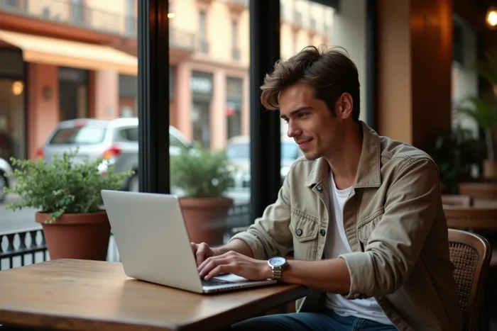 Homme comparant les prix internationaux de Zara sur un ordinateur portable dans un café à Madrid