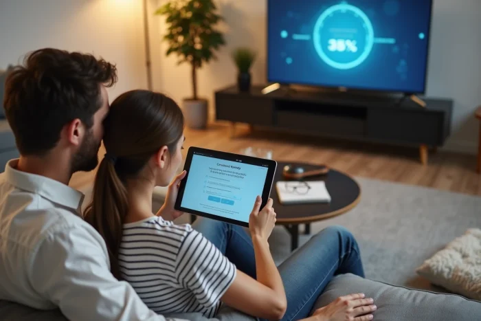 Couple consultant un guide sur tablette pour configurer la connexion Internet d'une smart TV