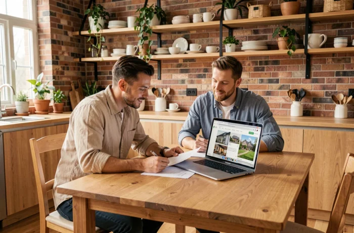 Couple étudiant des annonces immobilières sur ordinateur portable dans une cuisine contemporaine