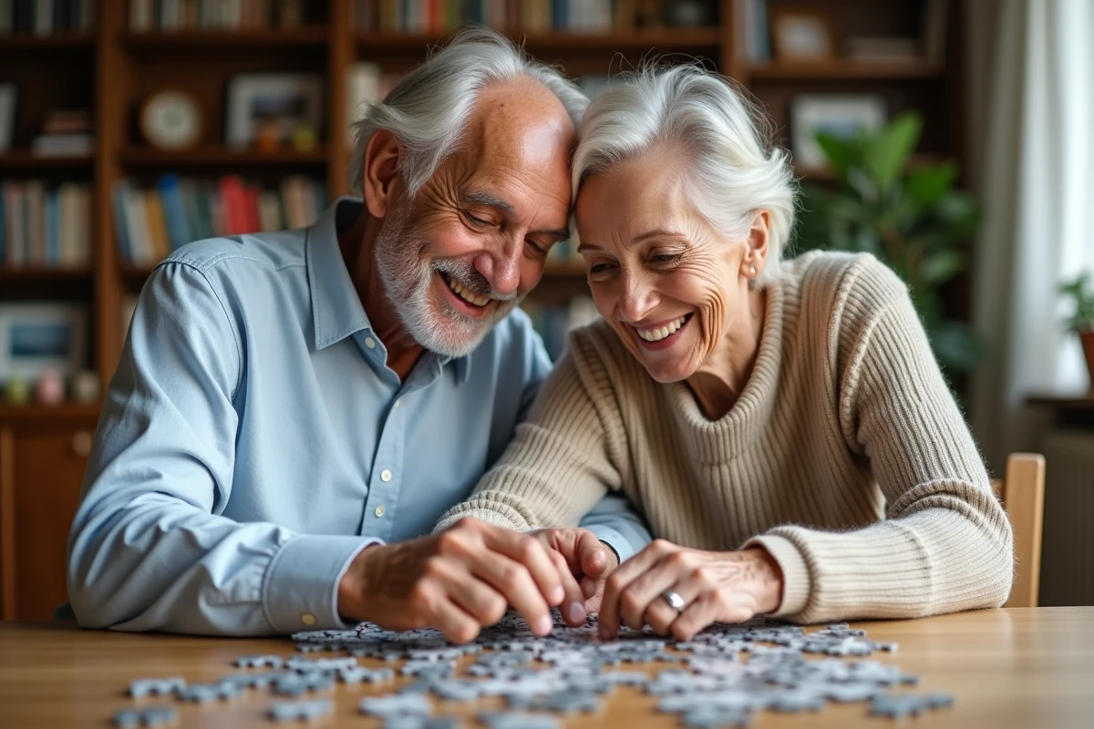 Couple retraité jouant au puzzle ensemble