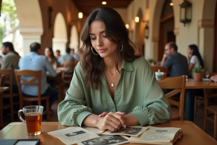 Jeune femme d'origine moyen-orientale consultant des photos de famille anciennes dans un café méditerranéen