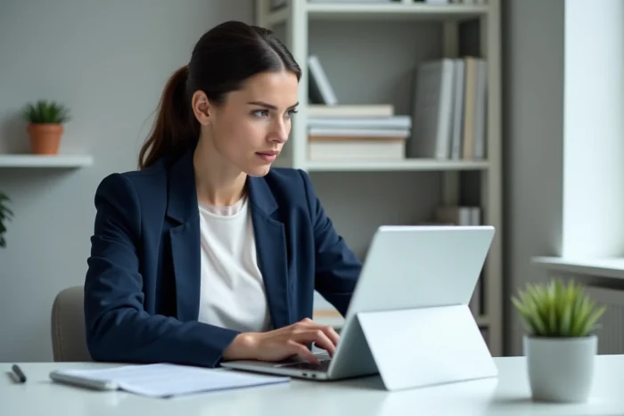 Femme professionnelle utilisant DeepL Translator sur tablette et ordinateur portable pour une traduction écrite de haute qualité