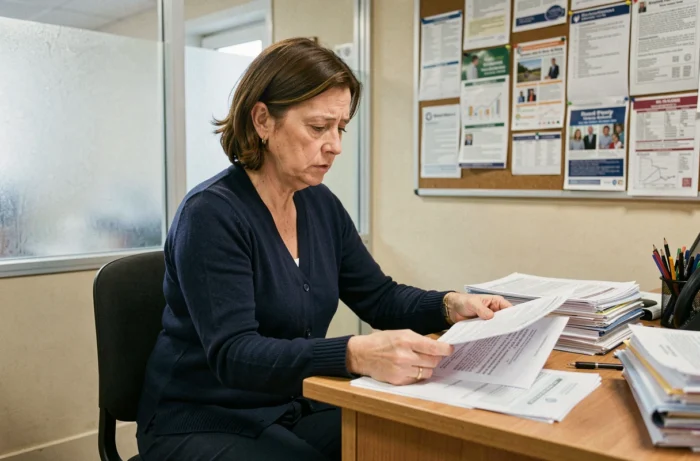 Femme consultant des documents administratifs pour une demande de logement DALO dans un bureau de service public en France