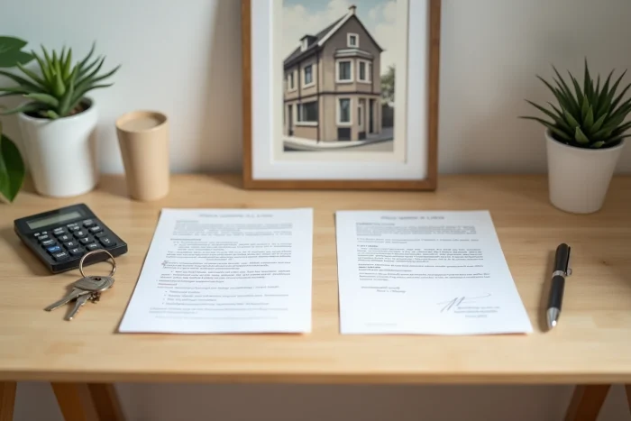 Deux contrats de bail signés avec clés posés sur un bureau dans un appartement français