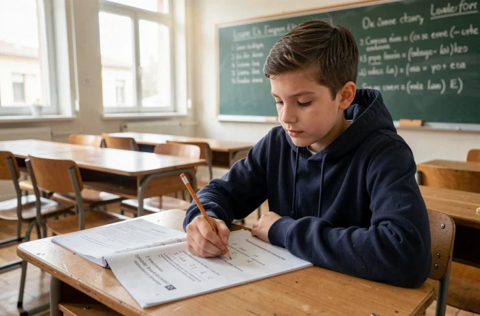 Élève de 6ème travaillant sur des exercices de classe grammaticale en français sur une feuille imprimée dans une salle de classe