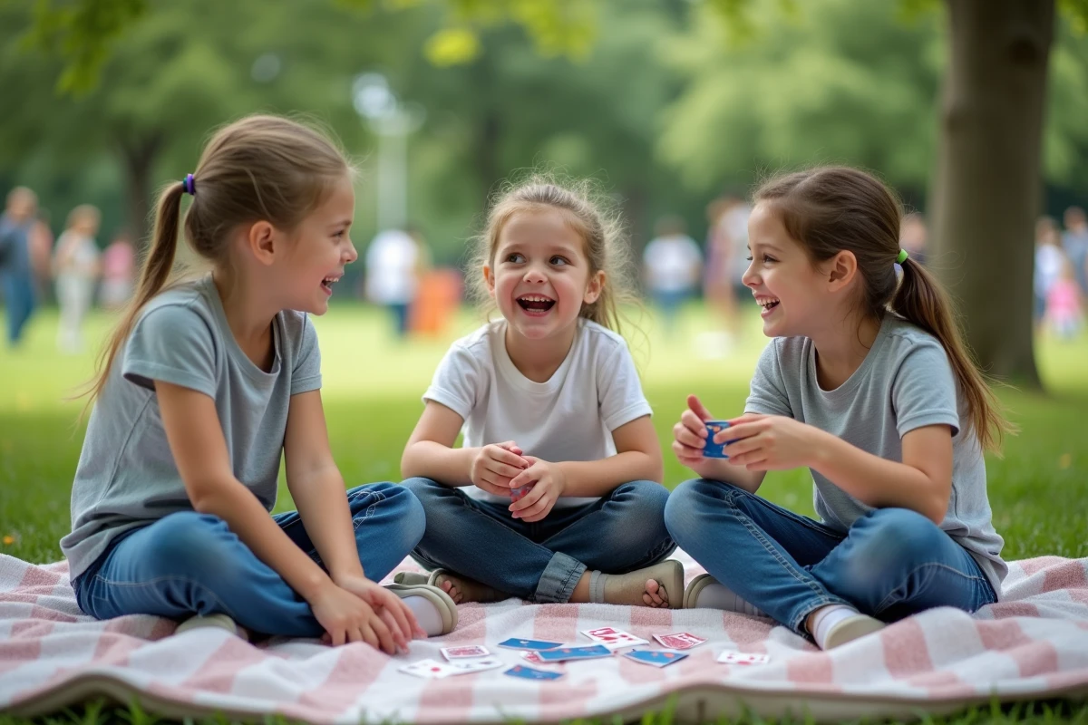 Enfants jouant à un jeu de cartes dans un parc en plein air
