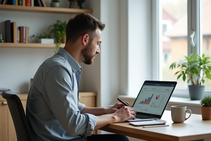 Chef d'entreprise travaillant sur des indicateurs de croissance digitale depuis son bureau à domicile avec tablette et ordinateur