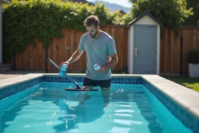 Homme entretenant une piscine hors-sol avec un diffuseur de chlore et une épuisette dans un jardin urbain