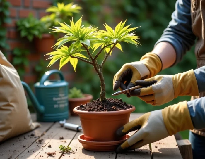 Jardinier examinant un érable du Japon en pot avec des outils de soin et du terreau sur une table de jardin en bois