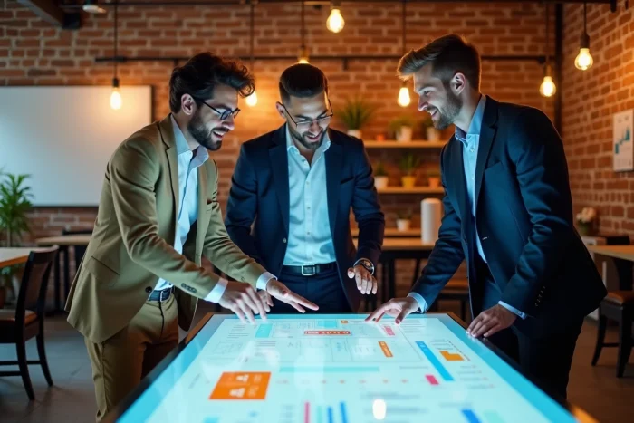 Équipe de professionnels collaborant sur une stratégie de solutions digitales innovantes dans un espace de coworking