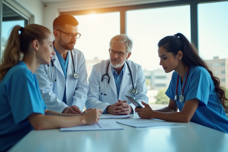 Groupe de personnel hospitalier autour d'une table en réunion