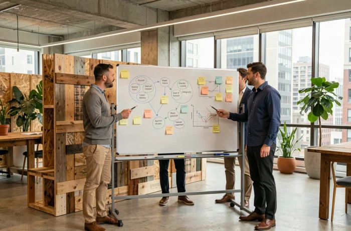 Équipe de professionnels planifiant des solutions de production durable autour d'un tableau collaboratif