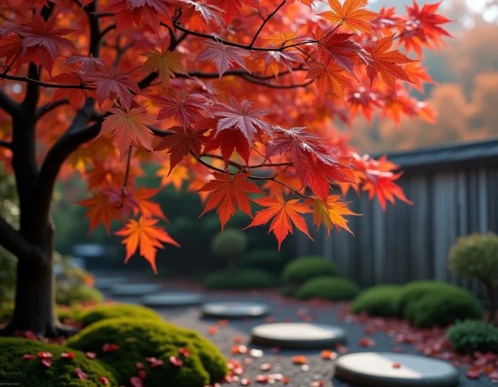 Érable du Japon aux feuilles rougeâtres et jaunissantes dans un jardin zen, avec des feuilles tombées au sol sur terre humide