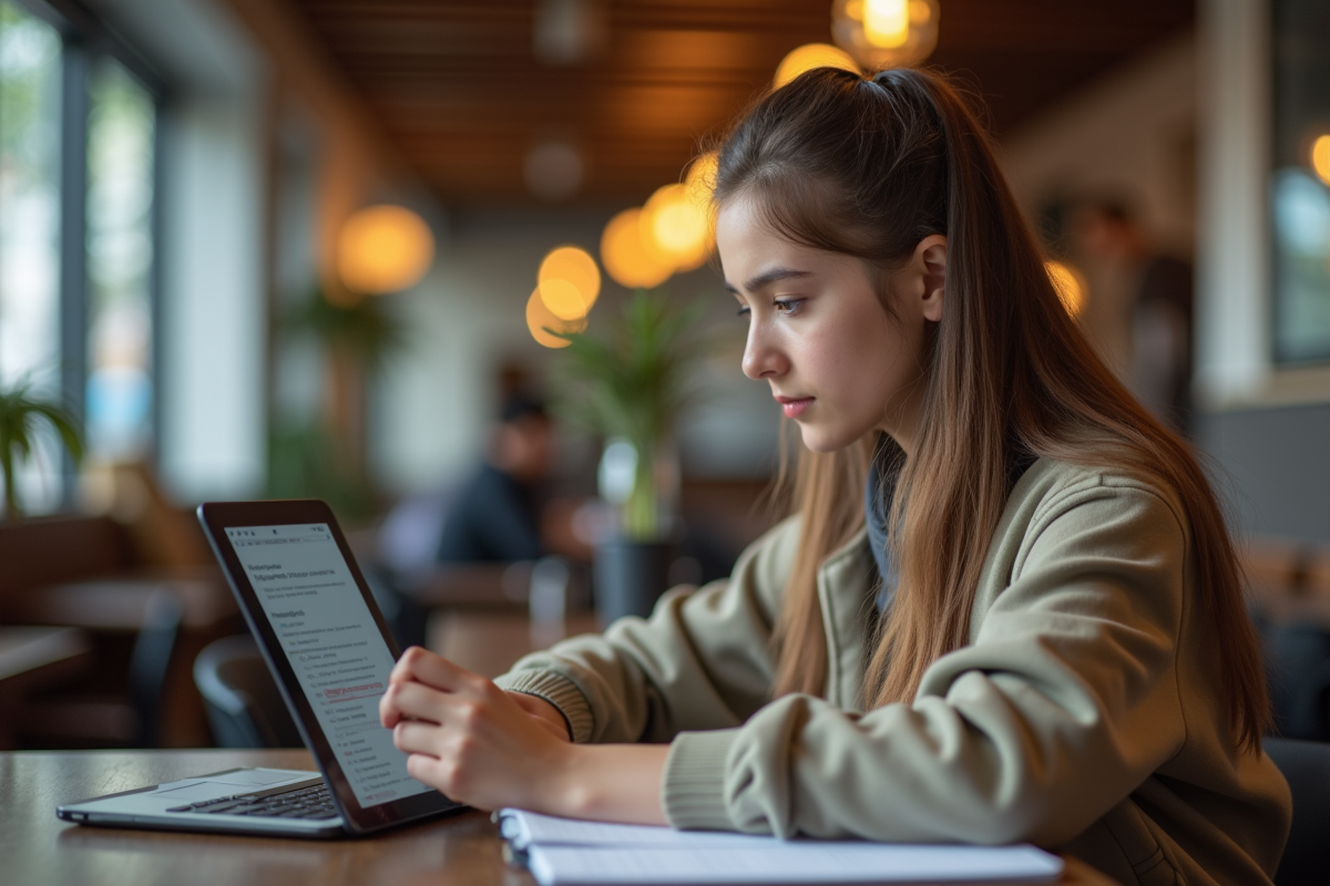 Étudiant seul utilisant une tablette dans un café lumineux