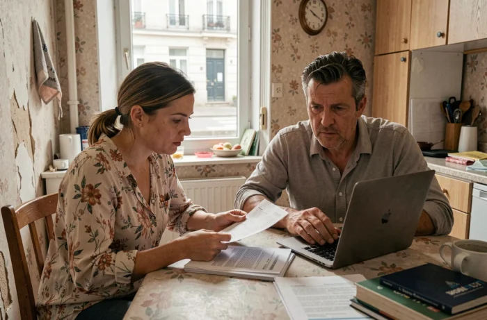 Couple étudiant les conditions du recours DALO sur ordinateur dans un logement temporaire précaire en France