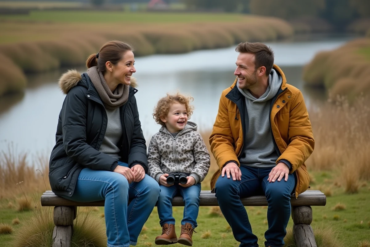 Famille au parc au bord de la rivière avec guide et jumelles