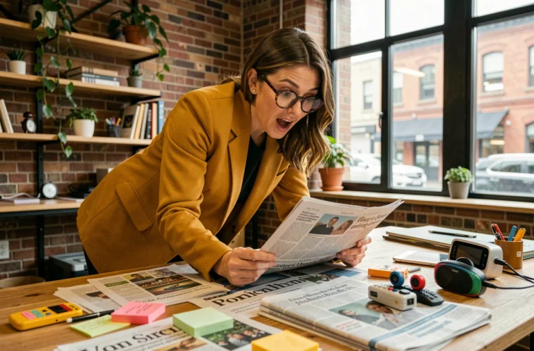Femme surprise découvrant des actualités insolites dans un bureau éditorial moderne rempli de journaux et gadgets colorés