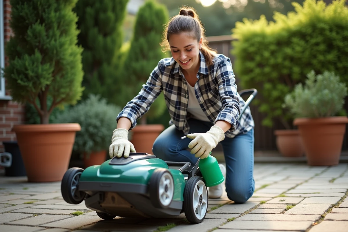 Jeune femme appliquant solution antiadhésive sous la tondeuse