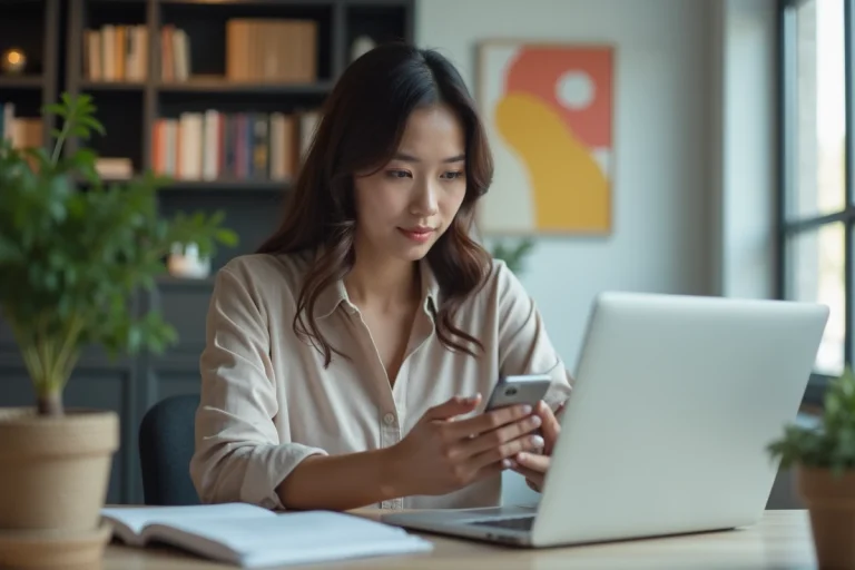 Jeune femme concentrée avec ordinateur dans un bureau moderne