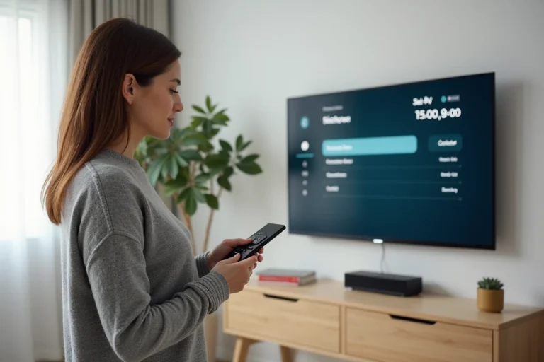 Femme connectant une smart TV au Wi-Fi via les paramètres réseau dans un salon moderne