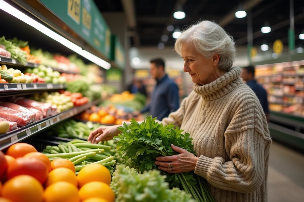 Femme choisissant des fruits et légumes frais au rayon courses
