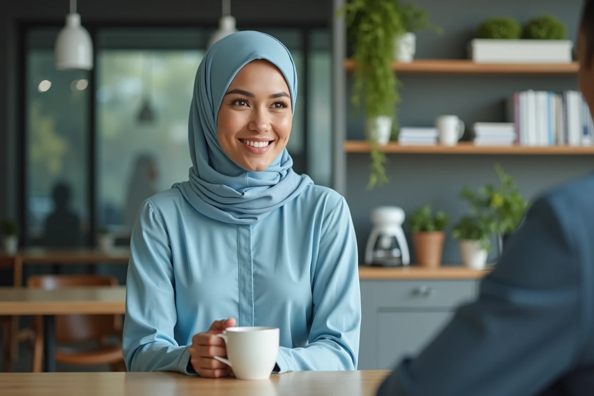 Femme en hijab répondant à un collègue pour Ramadan