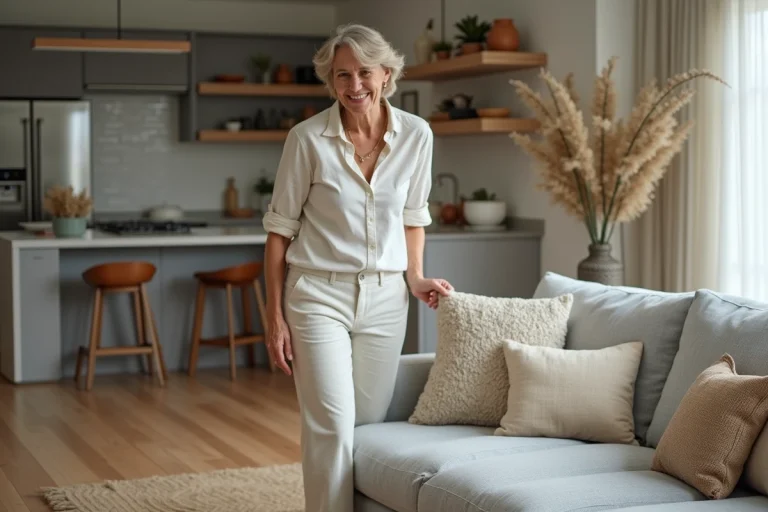 Femme souriante arrangeant des coussins dans un salon moderne