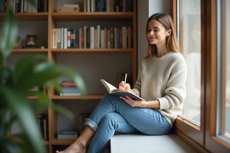 Femme écrivant dans un journal dans un intérieur calme