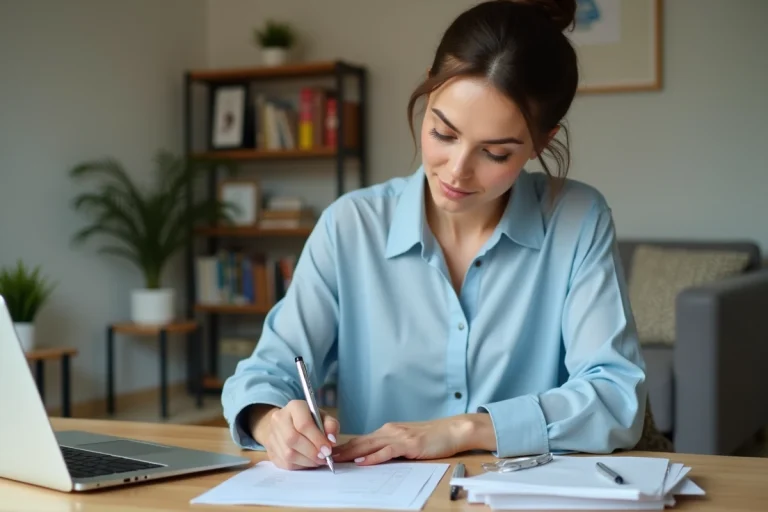 Femme remplissant un formulaire de remboursement EF à son bureau à domicile