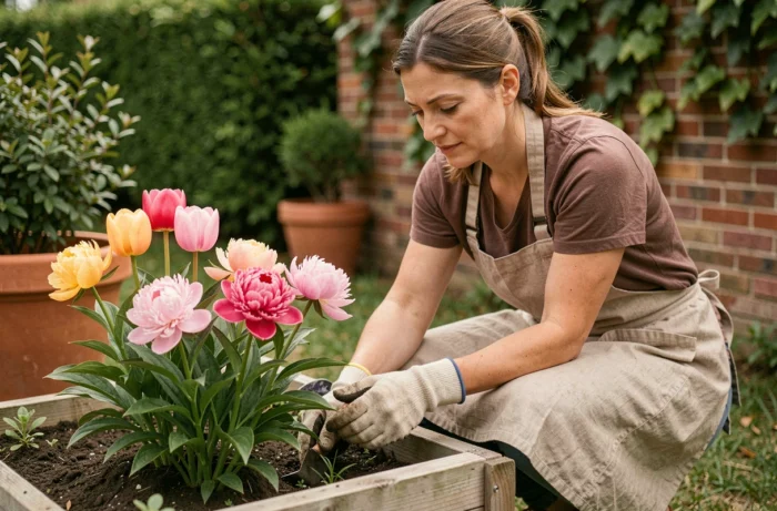 Femme jardinière soignant des pivoines et tulipes colorées dans un jardin résidentiel avec bacs en bois surélevés