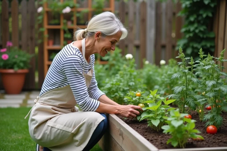 Femme jardinant dans un potager surélevé en bois entouré d'herbes aromatiques et de fleurs colorées dans un jardin tendance