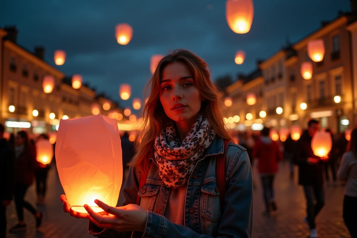 Jeune femme relâchant des lanternes en soirée dans un festival