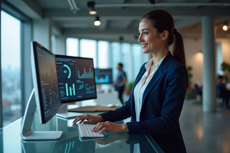 Femme professionnelle analysant des tableaux de bord digitaux dans un bureau moderne pour booster la croissance de son entreprise