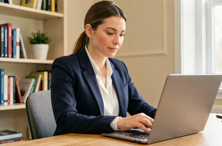 Femme en blazer marine cherchant un emploi local sur un ordinateur portable dans un bureau à domicile bien rangé