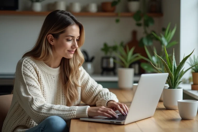 Jeune femme cherchant immobilier sur son ordinateur portable