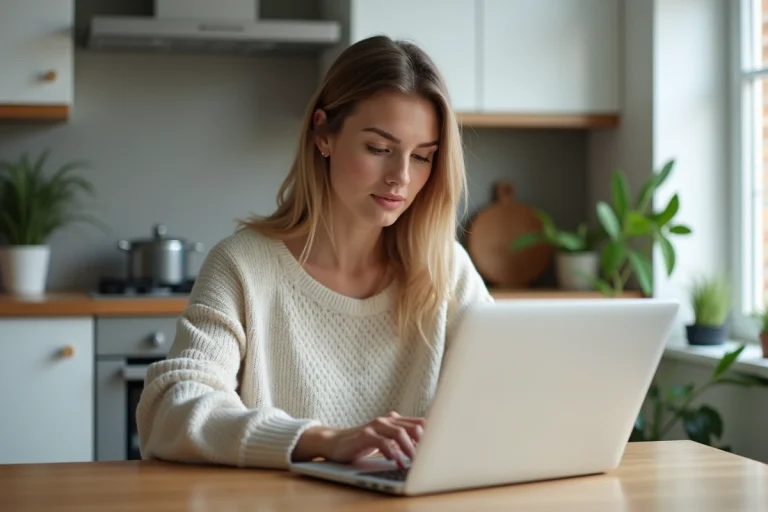Jeune femme recherchant des biens immobiliers à la maison